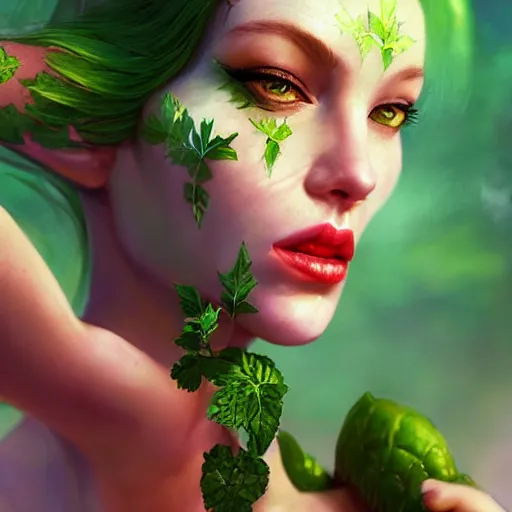 Image similar to profile view close up of a woman's mouth that is about to bite into a banana, summer queen. faerie queen. queen of light, green, poison ivy, made by caravaggio stanley artgerm lau wlop rossdraws artstation cgsociety concept art octane render