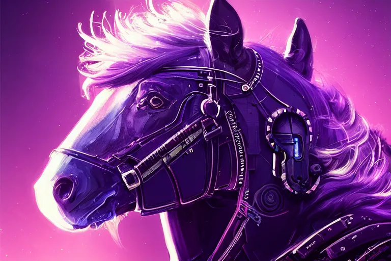 Image similar to a beautiful portrait of a cute cyberpunk horse with bioluminescent mane by sandra chevrier and greg rutkowski and wlop, purple blue color scheme, vaporware, retro, outrun, high key lighting, volumetric light, digital art, highly detailed, fine detail, intricate, ornate, complex, octane render, unreal engine, photorealistic