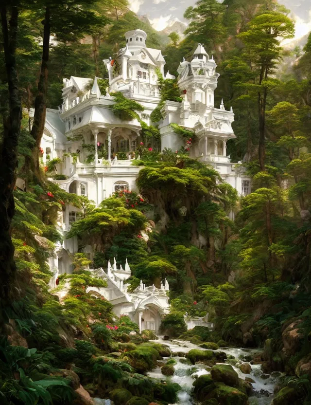 Image similar to beautiful white castle in a mountain forest valley, beautiful landscape, lush foliage, painted by karl kopinsky, john singer sargent, tom bagshaw, norman rockwell, alfonso muha, lolish, trending on artstation