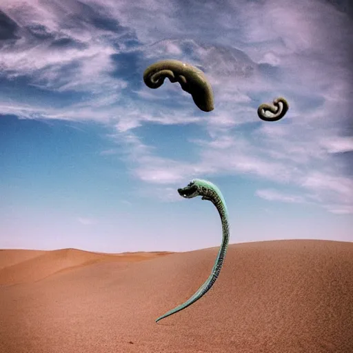 Image similar to 🐙 🐋 🦑🤖🦖🐙 👽 🐳 in desert, photography