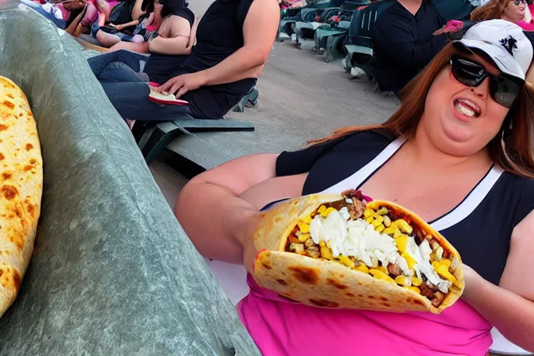 Image similar to obese woman eating a giant burrito sitting at a baseball game, photograph,