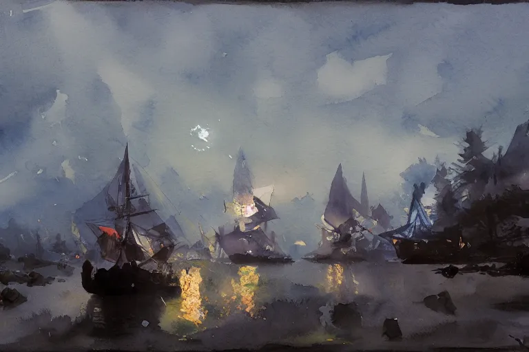 Prompt: small centered on watercolor paper, paint brush strokes, abstract watercolor painting of diamond night over blackwater town, cinematic light, american romanticism by hans dahl, by jesper ejsing, by anders zorn, by greg rutkowski, by greg manchess, by tyler edlin