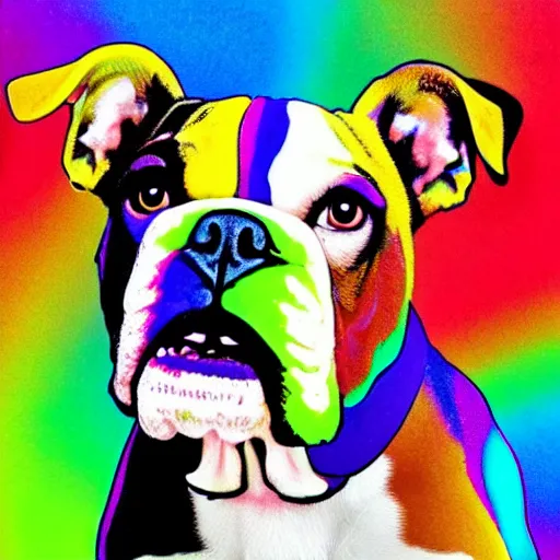 Image similar to rainbow excited smiling bulldog puppy. pop art.