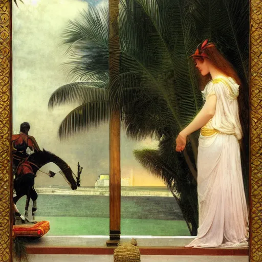 Image similar to Girl riding a horse leaving the palace through the bridge, thunderstorm, pool, beach and palm trees on the background major arcana sky, by paul delaroche, alphonse mucha and arnold böcklin arnold böcklin hyperrealistic 8k, very detailed