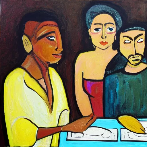 Image similar to The painting depicts two people, a man and a woman, sitting at a table. The man is looking at the woman with a facial expression that indicates he is interested in her. The woman is looking at the man with a facial expression that indicates she is not interested in him. There is a lamp on the table between them. by Emily Kame Kngwarreye, by Diego Dayer perspective