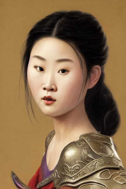 Image similar to realistic detailed painting of Mulan, big eyes, wearing sculpted textured armor, battle damage, intricate complexity, close-up of the front of the face, resolute expression, back lighting, 4K resolution, symmetric, clear facial features, by Ruan Jia and Mandy Jurgens and William-Adolphe Bouguereau, Karol Bak, smooth, sharp focus, Unreal Engine 5, digital render, intricate, ultra realistic, concept art,