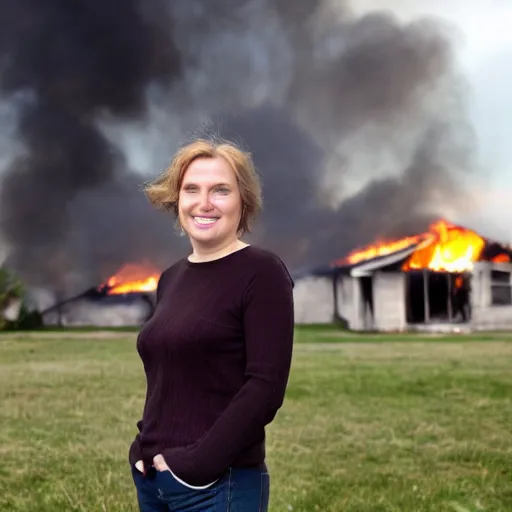 Prompt: a photo of a house burning down in the background and a woman with an eerie smile in the foreground, strong depth of field