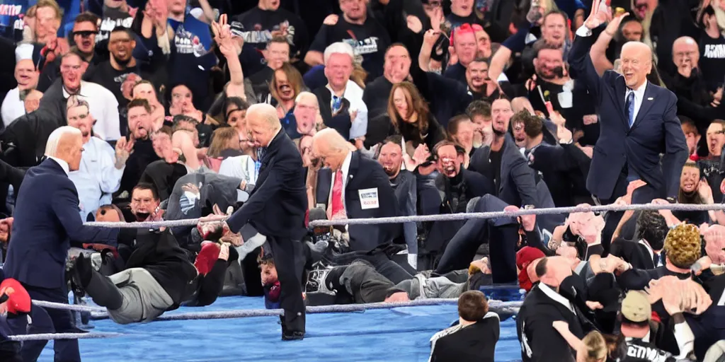 Prompt: joe biden hit with chair at wrestlemania, detailed facial expressions, hyper detailed