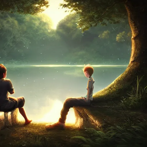 Image similar to a silver dragon and a boy sitting together next to a lake watching firefly at night in forest, concept art, dof, cryengine, digital art, detailed background, makoto shinkai