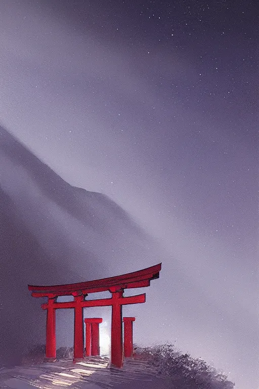 Image similar to Japanese Torii in a moutain ,night , by Grzegorz Rutkowski, concept art