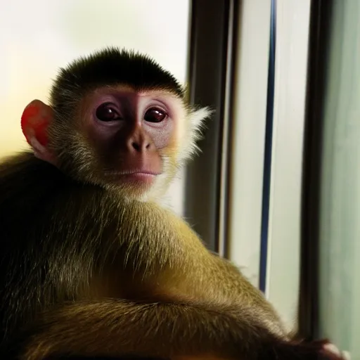 Image similar to capuchin monkey sleeping in train compartment room, rainy window, night time, night, midnight, 3 0 mm photo