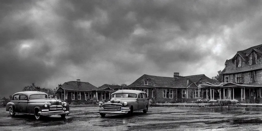 Prompt: Lovecraft Country, ultra detailed haunted house, stormy weather, rain, ultra detailed rain clouds, establishing atmospheric shot, unreal engine, F11 aperture, night, detailed volumetric fog, lighting and thunder, film grain, ultra detailed grey 1948 Packard Station Sedan parked in the street,