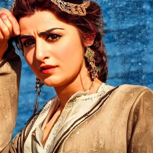 Image similar to close - up of an attractive kurdish singer in a movie directed by christopher nolan, movie still frame, promotional image, imax 7 0 mm footage