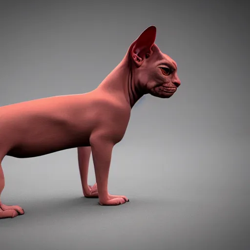 Image similar to Sphynx cat standing like a man, with pectoral muscles, wearing a fabric jacket, long tattoos on her hands, 3d render