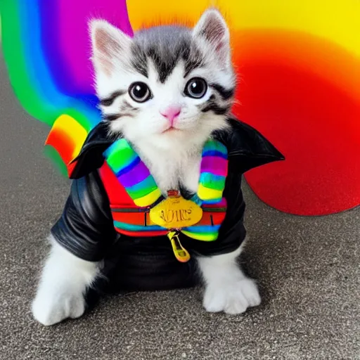 Image similar to wide angle full body, jacket wearing fluffy cute rainbow kitten wearing a black leather motorcycle jacket, concept art