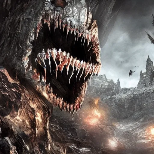 Prompt: a cave made of teeth darksouls 3