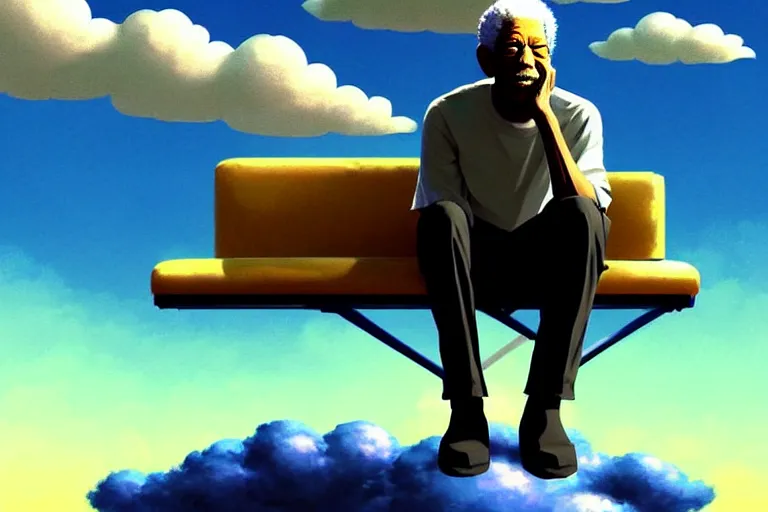 Prompt: Pixiv Digital art Full Body Extreme Detailed Full and Isolated and singular portrait of Morgan Freeman sitting on a Cloud in the sky. His legs are crossed lotus position in the scene is full of clouds by Ilya Kuvshinov and Greg Rutkowski