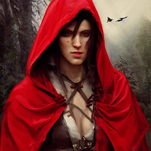 Image similar to digital _ painting _ of _ little red riding silk hood wolf slayer _ by _ filipe _ pagliuso _ and _ justin _ gerard _ unsymmetric _ ballad _ highly _ detailed _ unrealistic _ intricate _ port