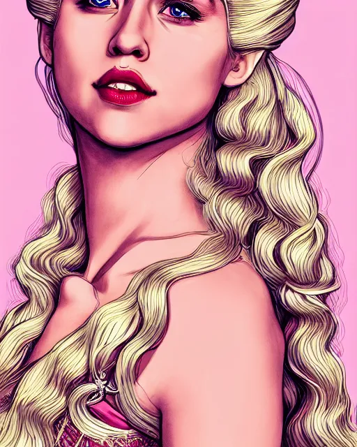 Prompt: closeup portrait happy beautiful daenerys targaryen with long blonde windblown hair in an ornate royal dress, standing on a street in chinatown, pink lipstick, glamour pose, detailed illustration, digital art, trending on artstation, arney freytag, frank miller, moebius, graffiti, gta v,