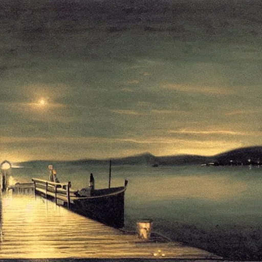 Prompt: gatsby on his dock at night, looking at the dim green light across the water, realism, detailed, atmospheric,