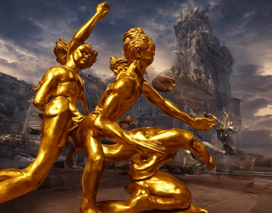 Image similar to golden statue of kid with giant first hitting a supercar, beautiful texture, beautiful graphics, fantasy artwork, very beautiful scenery, hd, hdr, ue 5, ue 6, unreal engine 5, cinematic 4 k wallpaper, 8 k, ultra detailed