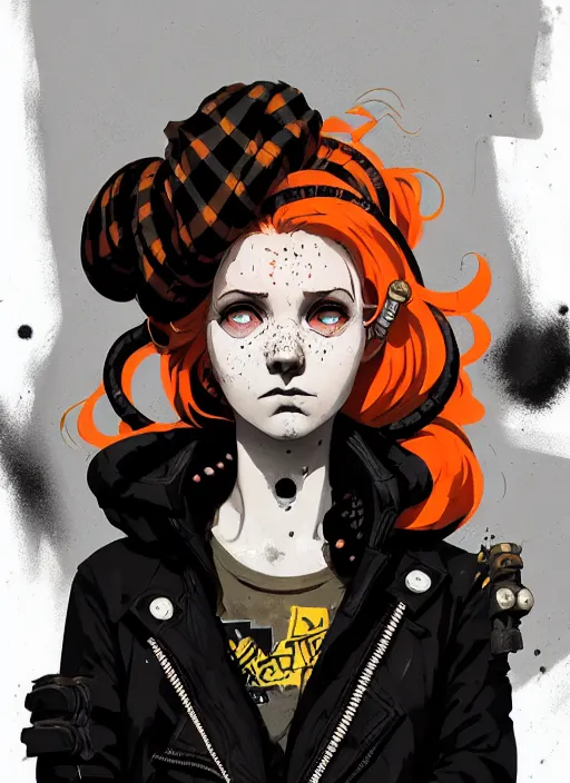 Image similar to highly detailed portrait of a sewer punk lady, tartan hoody, blonde ringlet hair by atey ghailan, by greg rutkowski, by greg tocchini, by james gilleard, by joe fenton, by kaethe butcher, gradient orange, black, cream and white color scheme, grunge aesthetic!!! ( ( graffiti tag wall background ) )