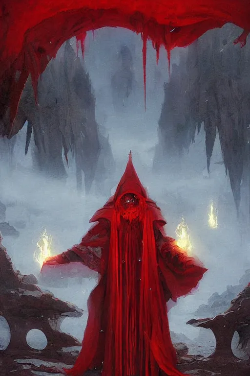 Prompt: fantasy painting with a wizard in red robes in a surreal environment by greg rutkowski and michael whelan