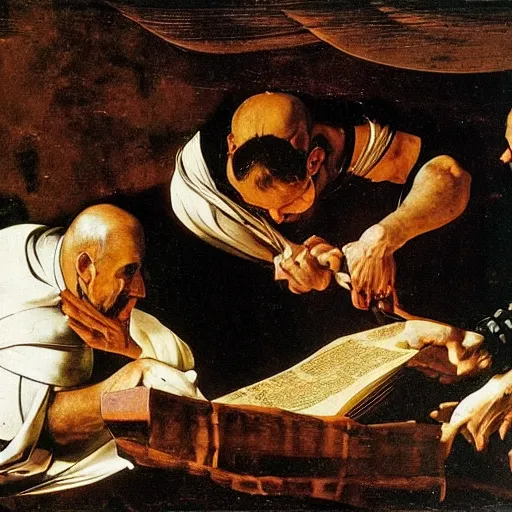 Prompt: Dead Sea Scrolls by Caravaggio