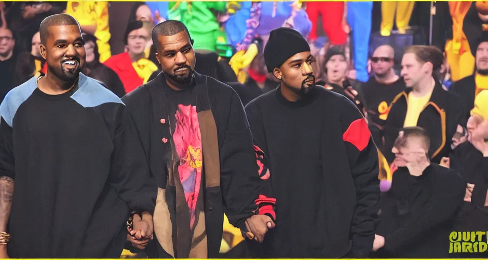 Prompt: kanye and pete davidson holding hands at a circus in the year 4 0 0 0