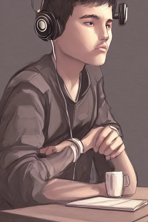 Image similar to a boy with headphones sitting on a table in a cafe, digital art, digital painting, masterpiece, concept art, trending on deviantart, highly detailed, high quality, anatomically correct, five fingers, cinematic, high coherence, soft lighting, soft colors, beautiful, elegant, short black hair, 4 k, symmetrical, realistic and detailed face, cartoon