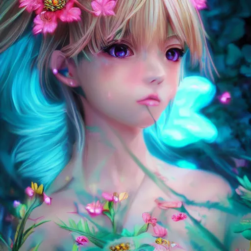 Image similar to Photorealistic beautiful anime princess with flowers. Hyperdetailed photorealism, 108 megapixels, amazing depth, glowing rich colors, powerful imagery, psychedelic Overtones, 3D finalrender, 3d shading, cinematic lighting, artstation concept art