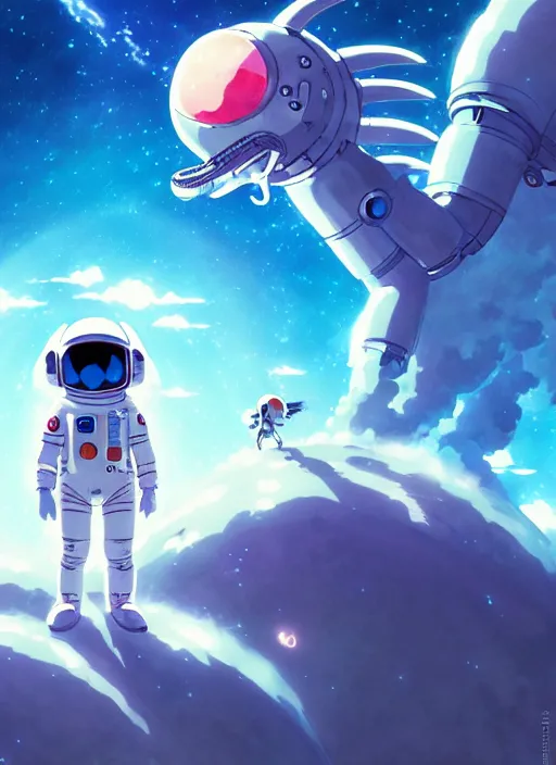 Image similar to portrait of cute kawaii astronaut android navigating a large biomechanical kaiju dragon, nebulous background of dynamic space, a dramatic composition by wlop and greg rutkowski and makoto shinkai and studio ghibli and kyoto animation cute bubbly clothing