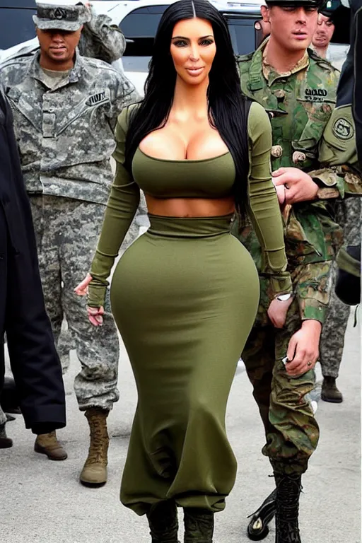 Prompt: full shot of kim kardashian wearing an army uniform, Irish flag, full body shot, tight attire, ultra detailed, body shape detailed, photo, highly detailed, trending on Instagram,