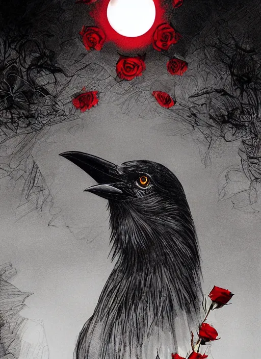 Image similar to portrait, A crow with red eyes in front of the full big moon, book cover, red roses, red white black colors, establishing shot, extremly high detail, foto realistic, cinematic lighting, pen and ink, intricate line drawings, by Yoshitaka Amano, Ruan Jia, Kentaro Miura, Artgerm, post processed, concept art, artstation, matte painting, style by eddie mendoza, raphael lacoste, alex ross