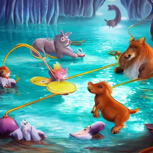 Prompt: Magical animals having a swin party, cartoon, trending on artstation