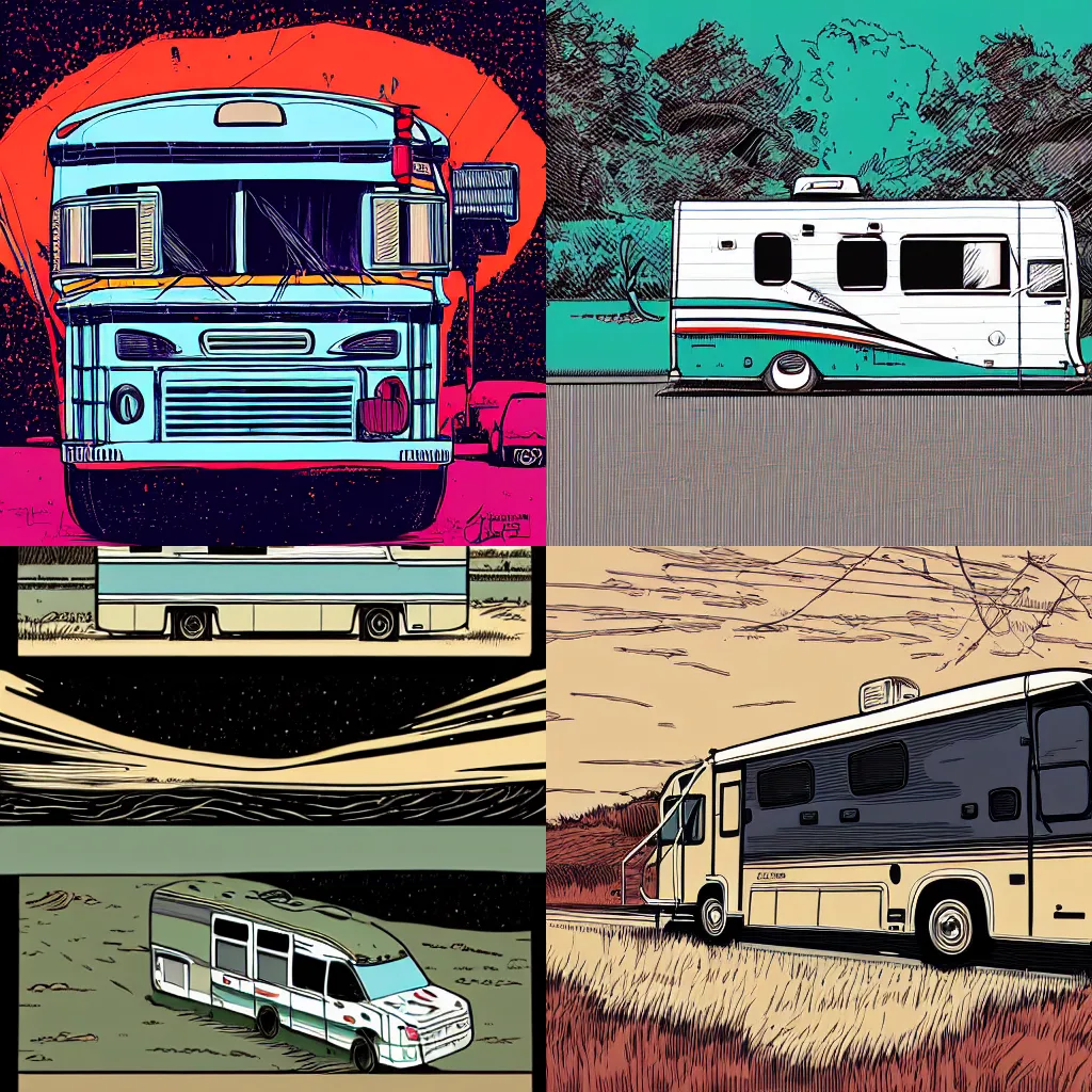 Prompt: painting of an RV by Laurie Greasley