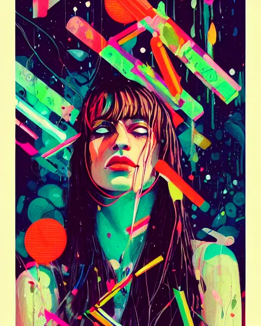 Image similar to an ultradetailed beautiful painting of a stylish woman with colorful band aids, rave concert poster, retro, conrad roset, greg rutkowski, flume cover art,
