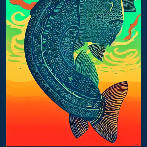 Prompt: one stylized fish in center of view, viewed in profile, dark ocean, complex patterns, artstation, intricate, realistic, highly detailed, digital painting, concept art, sharp focus, illustration by tom whalen and charles williams and kilian eng and james jean