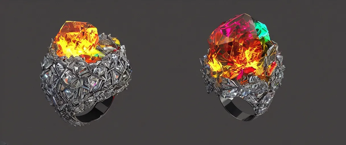 Image similar to magic crystal ring, fire, stone, crystal, engravings, diamonds, colorful, art by gerald brom, greg rutkowski, photo realism, unreal engine, c 4 d