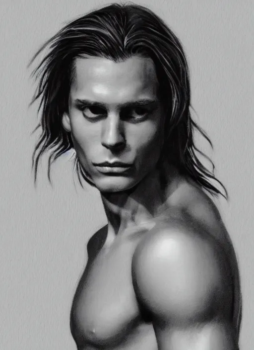 Image similar to a very skinny young Tarzan, with long dark brown slicked back hair shoulder length slicked back hair, with pearl necklace and pearl earing, in the museum, in white turtleneck shirt, Tarzan, painting in the museum, highly detailed, sharp focus, digital painting