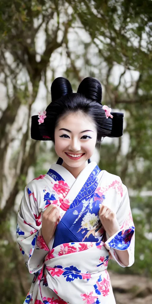 Image similar to A photo of young Japanese geisha smiling at camera and wearing T-shirt