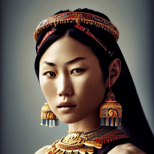 Image similar to portrait of a stunningly beautiful asian tribal female, depth of field, zeiss lens, detailed, symmetrical, centered, fashion photoshoot, by annie leibovitz and steve mccurry, david lazar, jimmy nelsson, breathtaking, 8 k resolution, extremely detailed, beautiful, establishing shot, artistic, hyperrealistic, beautiful face, octane render