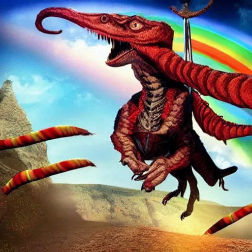 Image similar to morgan freeman riding a velociraptor on a rainbow, wielding a candy cane spear, both wearing a viking hat, unreal engine, realistic, detailed