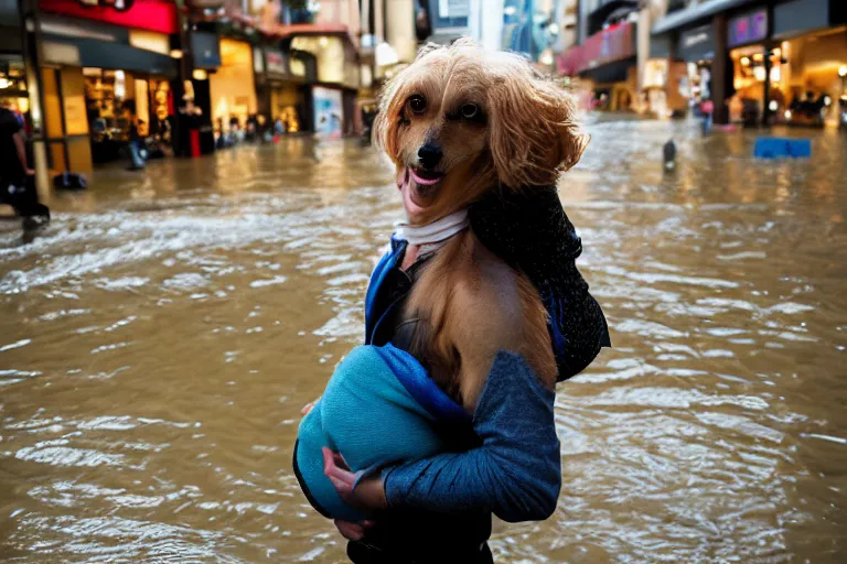 Image similar to closeup portrait of a woman carrying a dog over her head in a flood in Rundle Mall in Adelaide in South Australia, photograph, natural light, sharp, detailed face, magazine, press, photo, Steve McCurry, David Lazar, Canon, Nikon, focus