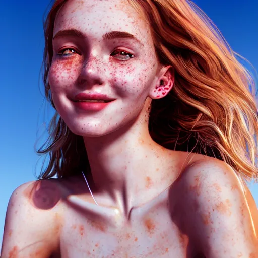 Image similar to portrait of a cute thin young woman, red blush, cute freckles, smug smile, modern clothes, relaxing on the beach, golden hour, close up shot, 8 k, art by irakli nadar, hyperrealism, hyperdetailed, ultra realistic