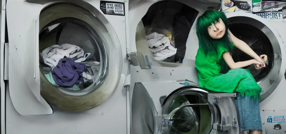 Prompt: a girl with green hair sitting on top of a washing machine inside of a laundromat by Hayao Miyazaki