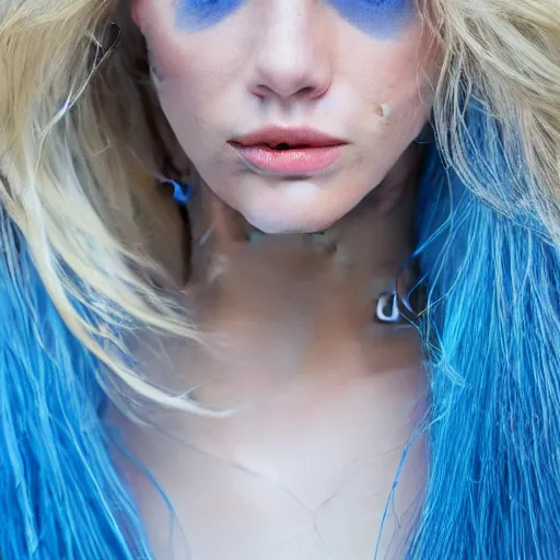 Image similar to Close up 35mm nikon photo of the left side of the head of a dressed young blond model with gorgeous blue irises and wavy long blond hair, who looks directly at the camera. ,.