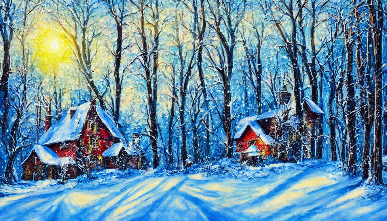 Image similar to ! dream painting of winter blizzard of house in the woods, sunny evening, artistic, brush, strokes, colourfull, very detailed, 4 k