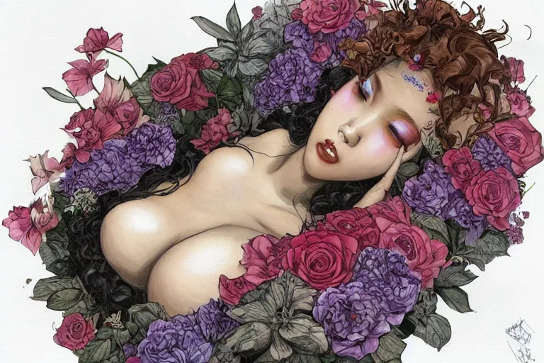 Prompt: top view, beautiful mulatto girl lying inside exotic flower, gorgeous, in the style of Jin Kagetsu, James Jean and wlop, Valentin Serov style, highly detailed, sharp focus, intricate concept art, digital painting, ambient lighting, 4k, artstation trending on Gsociety, trending on ArtstationHQ, trending on deviantart, professionally post-processed, wide-angle action dynamic portraithyperdetailed, hyper quality, 16K