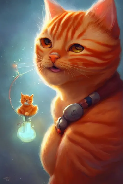 Image similar to cute anthropomorphic orange tabby cat dj mixing, cute and adorable, pretty, beautiful, art portrait, matte fantasy painting, Cg society Artstation, by Jason Felix by Steve Argyle by Tyler Jacobson by Peter Mohrbacher, cinematic lighting